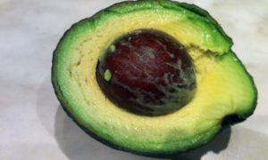 A halved avocado with its pit intact on a countertop.