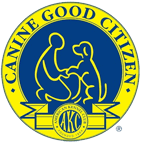 a blue and yellow seal with a dog and a person on it.