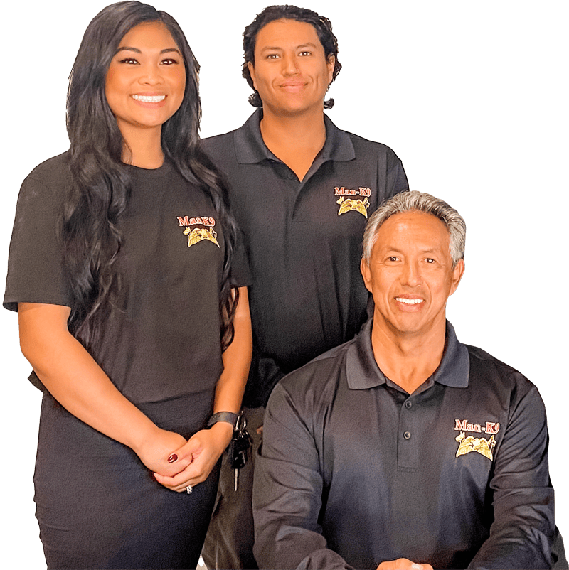 three people in black shirts posing for a photo.
