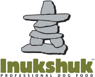 Logo featuring a stone Inukshuk figure with the text “Inukshuk” in green and “Professional Dog Food” in gray below it.