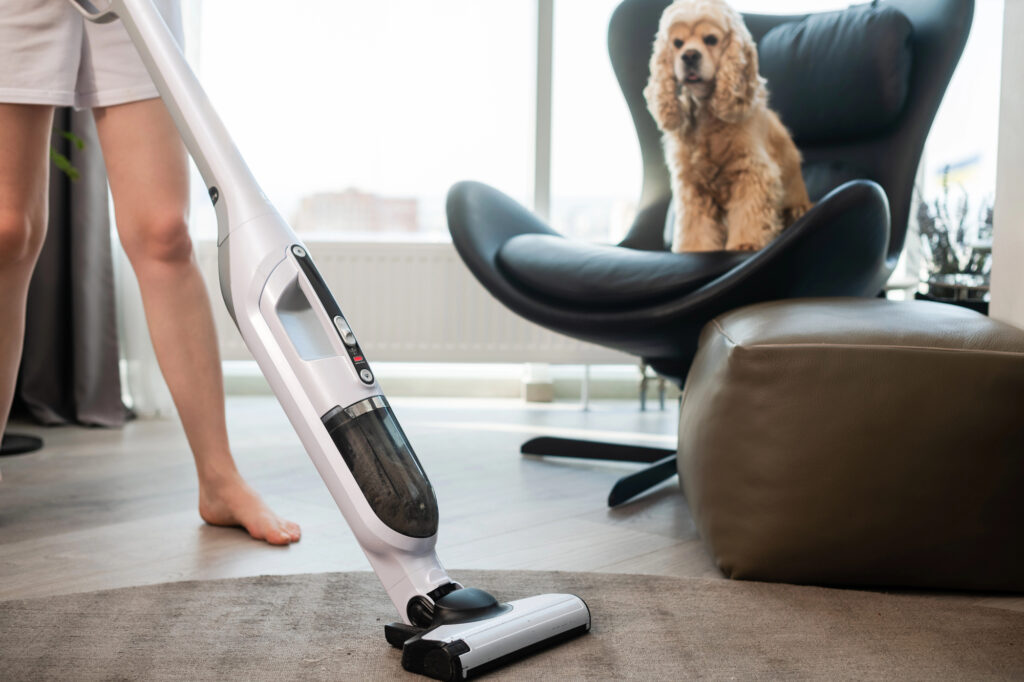 Person vacuuming a carpeted floor with a cordless vacuum cleaner; a dog sits on a modern chair in the background.