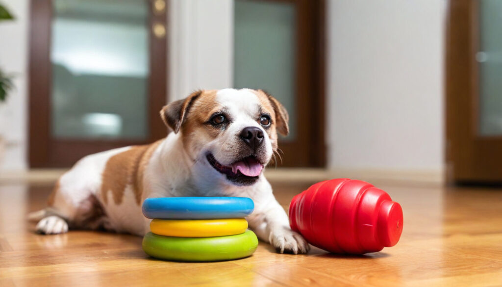 A dog lies on a wooden floor indoors, with colorful rubber rings and a red chew toy in front of it