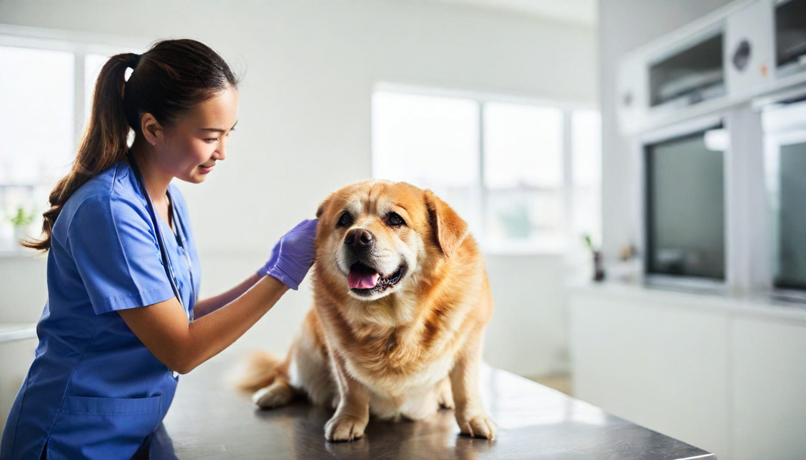 A veterinarian examines a large, light-brown dog on a metal table in a bright, modern clinic