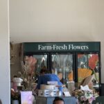 A man with sunglasses sits at a table with a laptop in front of a floral shop counter displaying “Farm-Fresh Flowers” and various flower arrangements.
