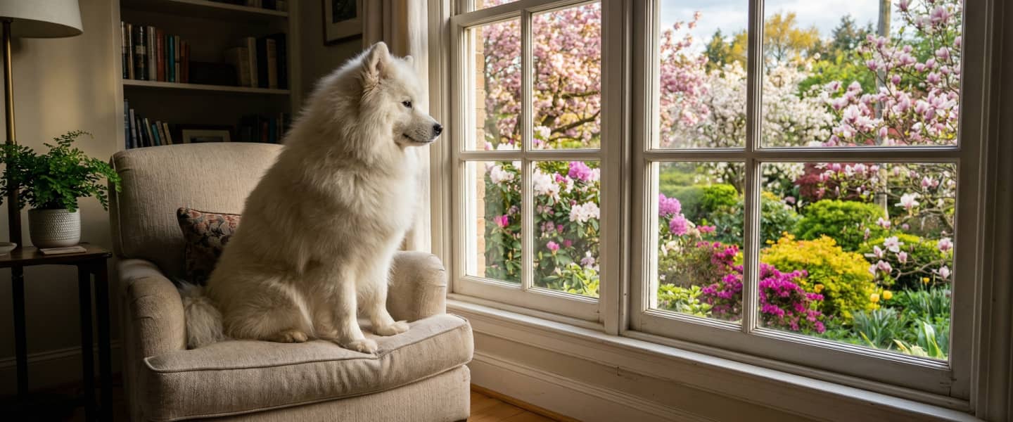 A fluffy white dog sits on a beige armchair, looking out a window at a colorful, blooming spring garden.