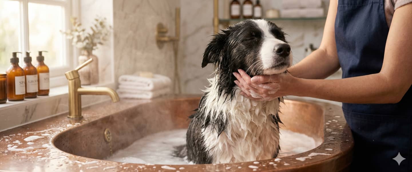 A black and white dog is being bathed in a sink by a person wearing a blue apron, with soap suds on the dog's fur and bottles on the counter.