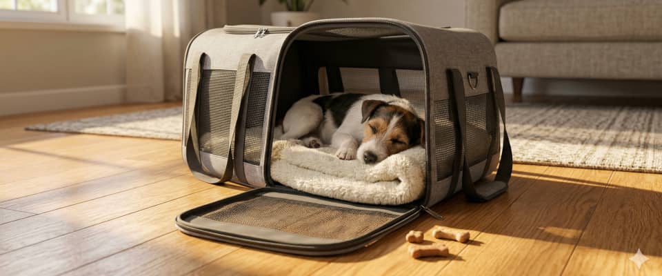 A small dog is sleeping on a cushioned mat inside a soft-sided pet carrier with an open door. Dog treats are lying on the wooden floor nearby.