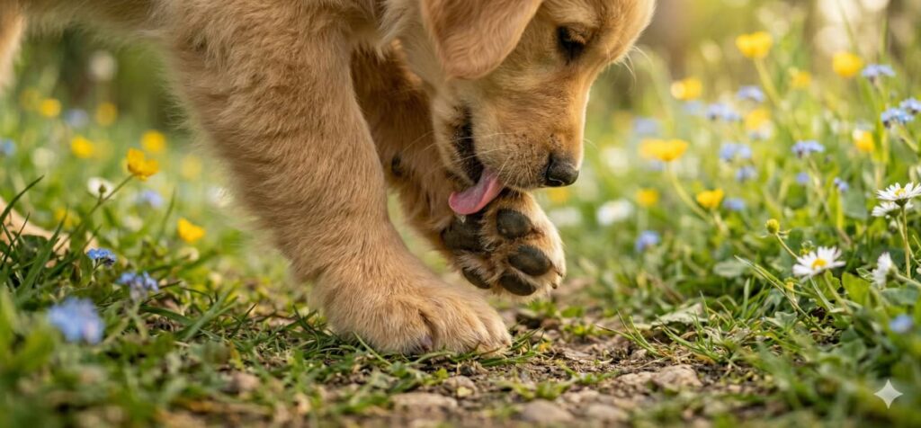 Golden retriever puppy licking its paw while standing on a dirt path among yellow and blue wildflowers in a sunny meadow