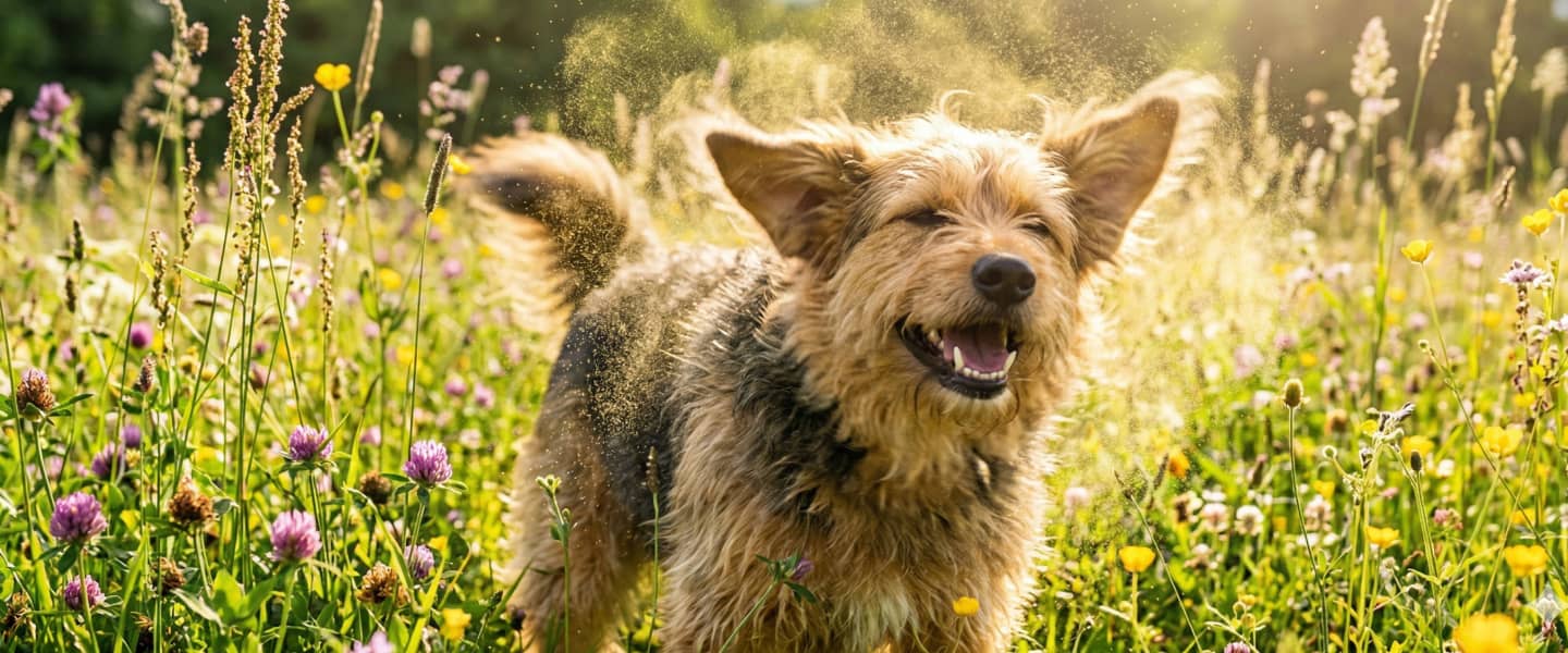 A brown, medium-sized dog shakes off water while standing in a sunlit wildflower field, with pollen or droplets visible in the air.