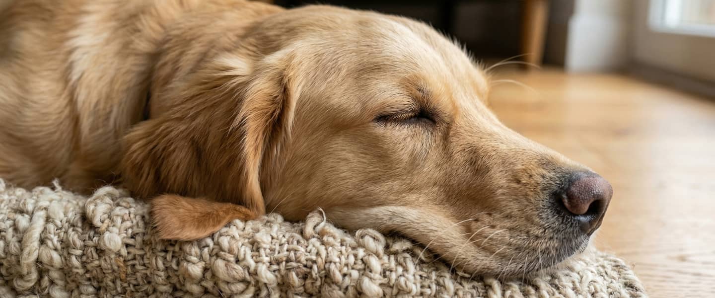 A golden retriever is resting with its eyes closed, lying on a textured beige blanket indoors.