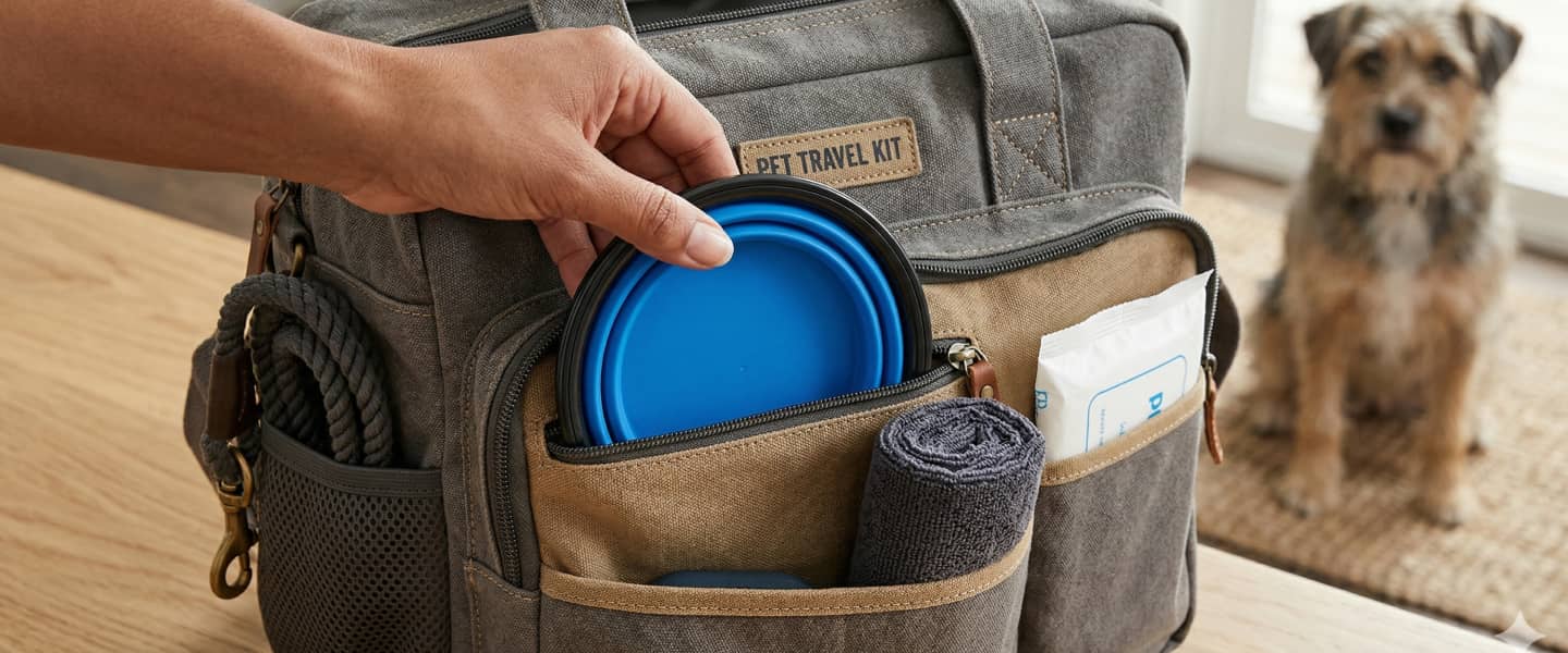 A hand places a blue collapsible bowl into the front pocket of a gray pet travel kit bag, with a towel and wipes also in the pocket. A dog sits in the background.