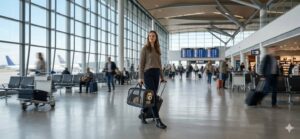 A woman walks through an airport terminal carrying a pet carrier with a small dog inside; passengers and planes are visible in the background.