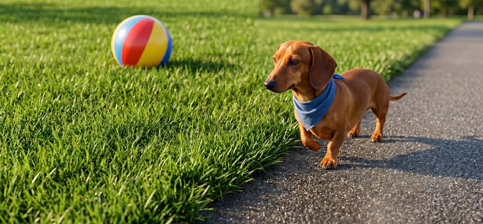 A dachshund wearing a blue bandana walks on a path beside green grass, with a colorful beach ball on the lawn.