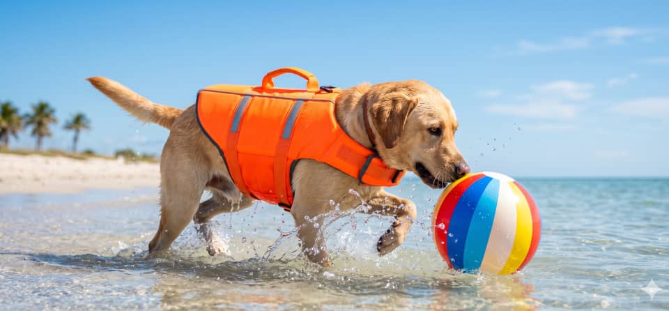 A yellow lab wearing an orange life jacket chases a colorful beach ball in shallow water at a sunny beach.