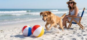 A dog runs toward two beach balls on the sand near the ocean, while a woman in a hat sits in a chair smiling in the background.